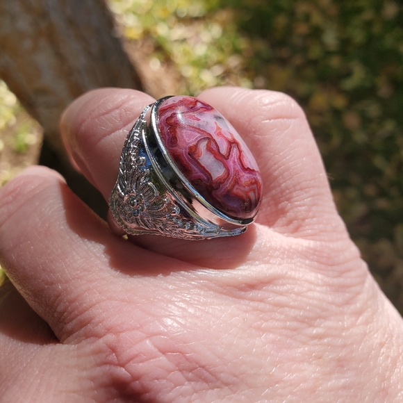 New Crazy Lace Agate Adjustable 925 Silver Unisex Ring. - Picture 4 of 16